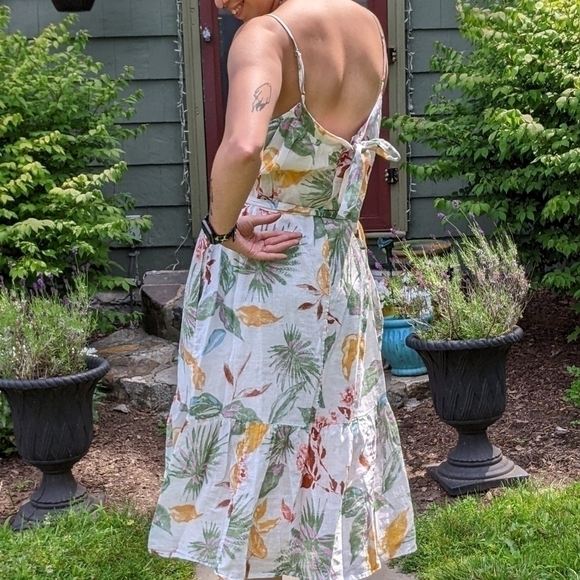 𝅺gap Floral Linen/Cotton Blend Spring Summer Dress Large Tropical Print Dress - Picture 7 of 12